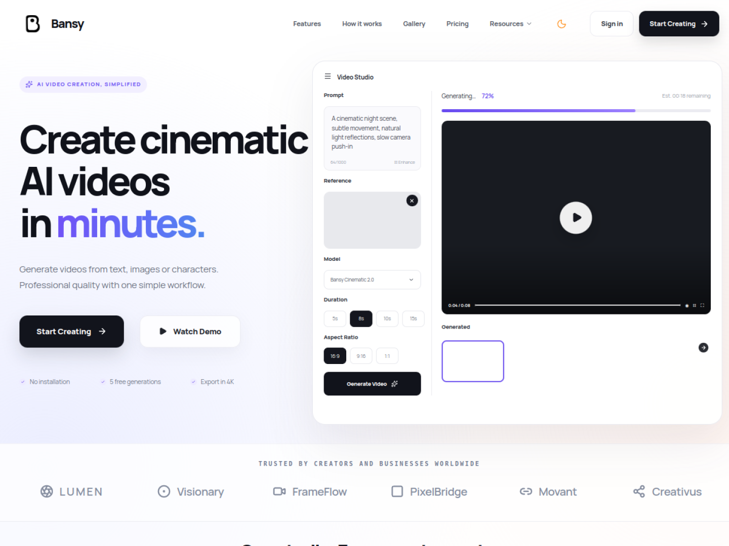 Главная страница Bansy — платформы для создания AI-видео